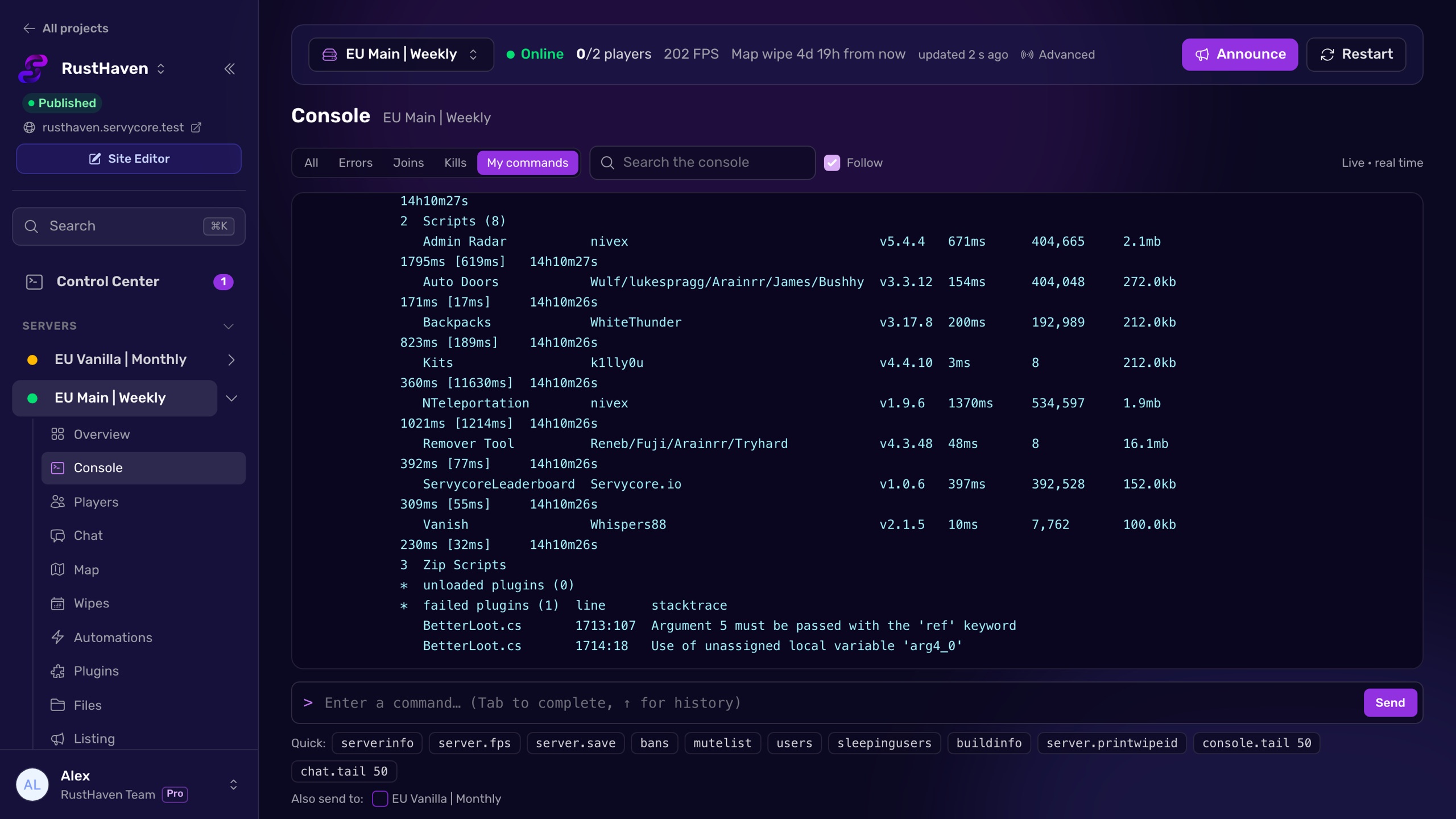 The live RCON console of a Rust server in the Servycore Control Center