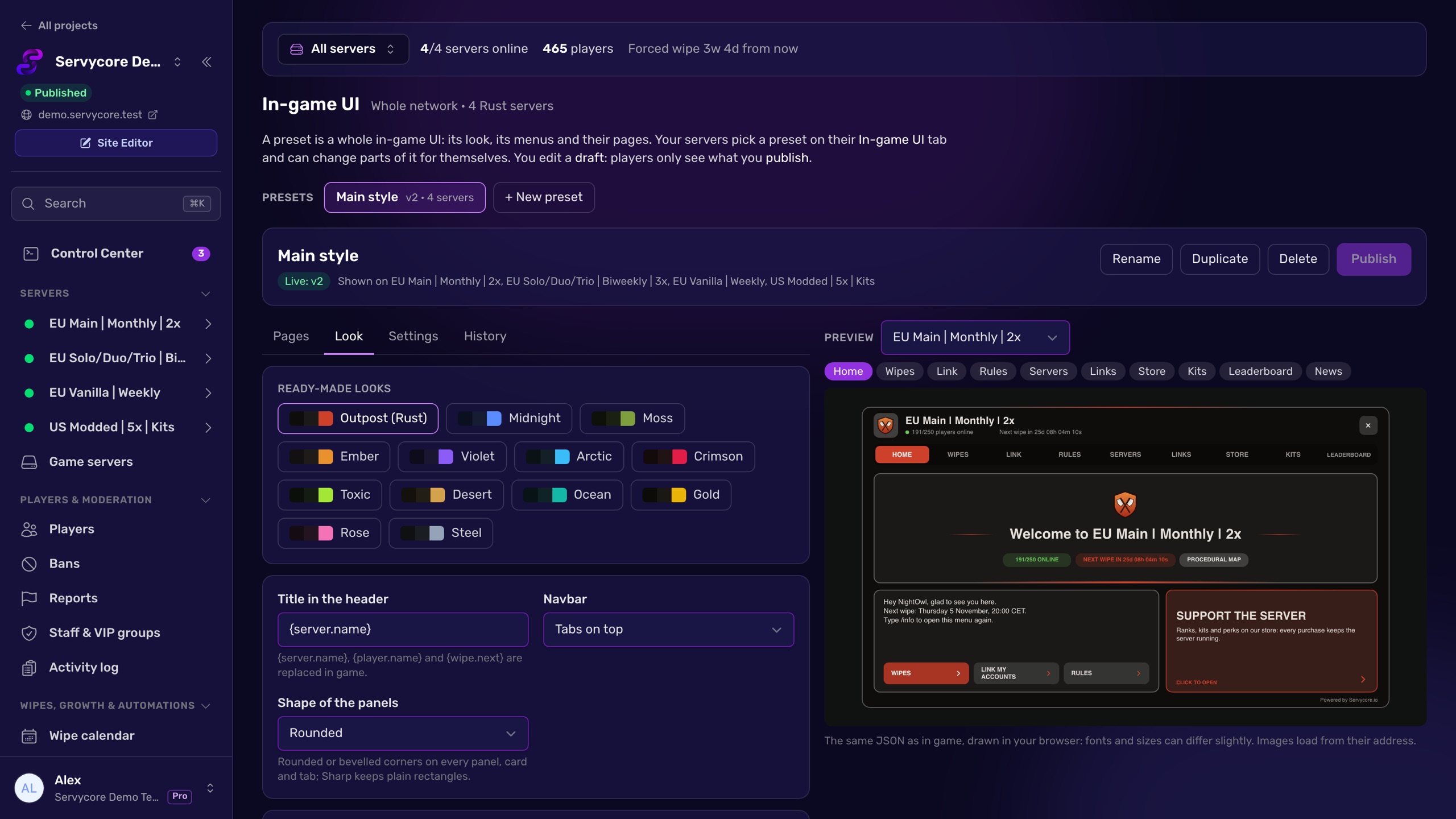 The In-game UI editor with its live preview