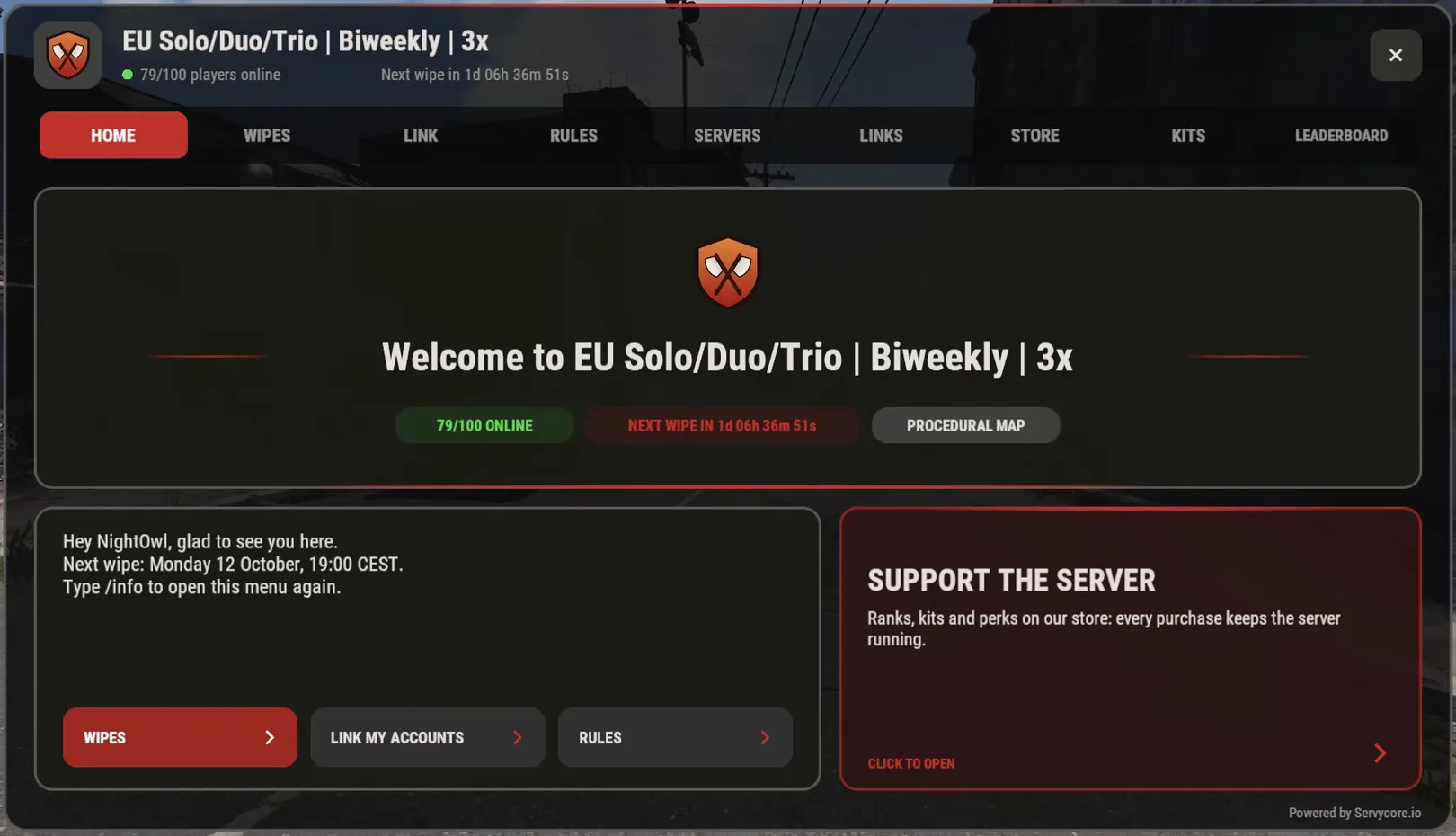 The home page of the In-game UI: the server's banner, players online, the next wipe and a featured card