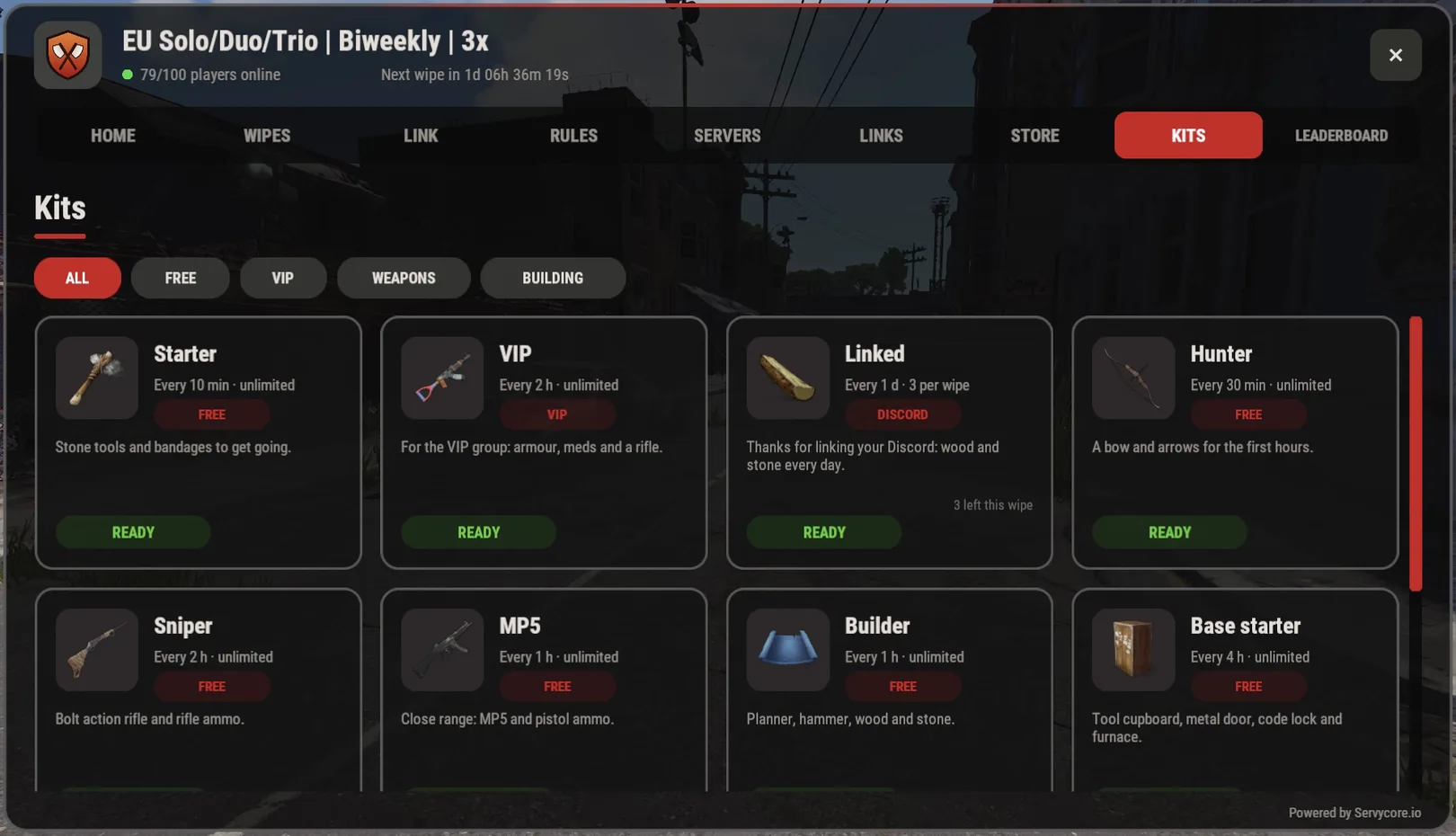 Kits in a Rust in-game UI: categories, each kit's items, cooldown and Claim button