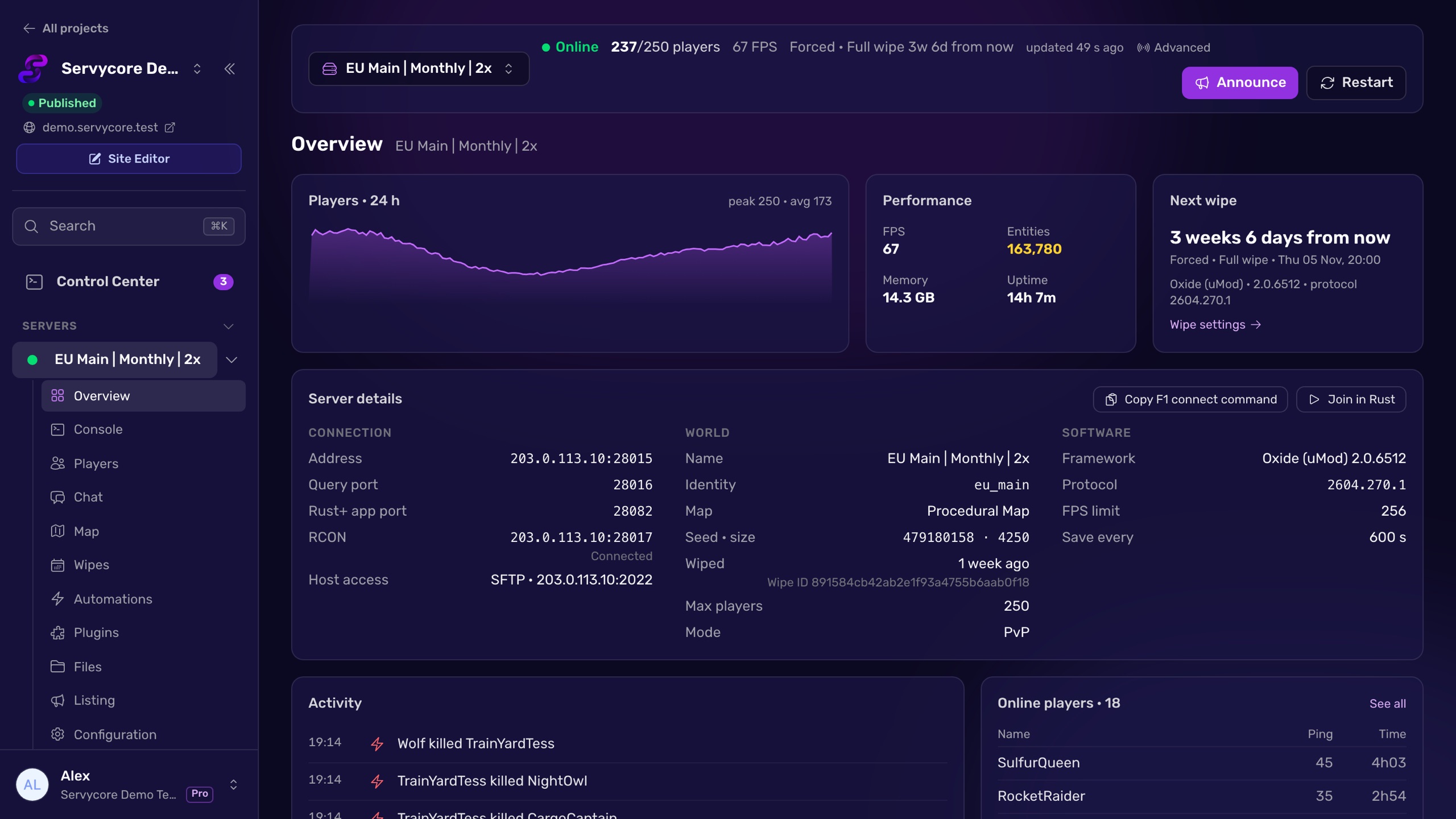 A Rust server overview in the Servycore Control Center