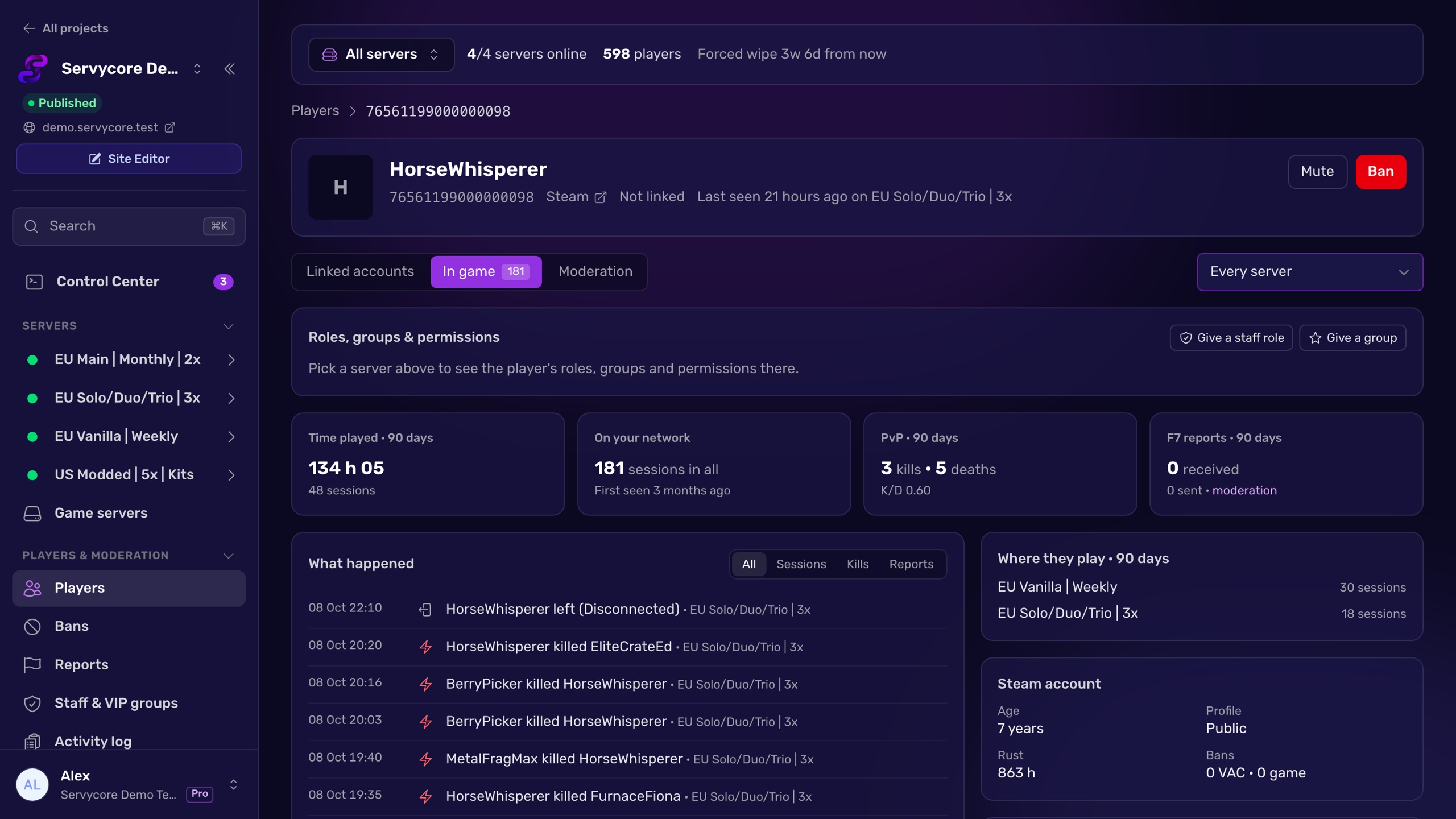 A player profile: playtime, sessions, PvP, reports, Steam account and what happened
