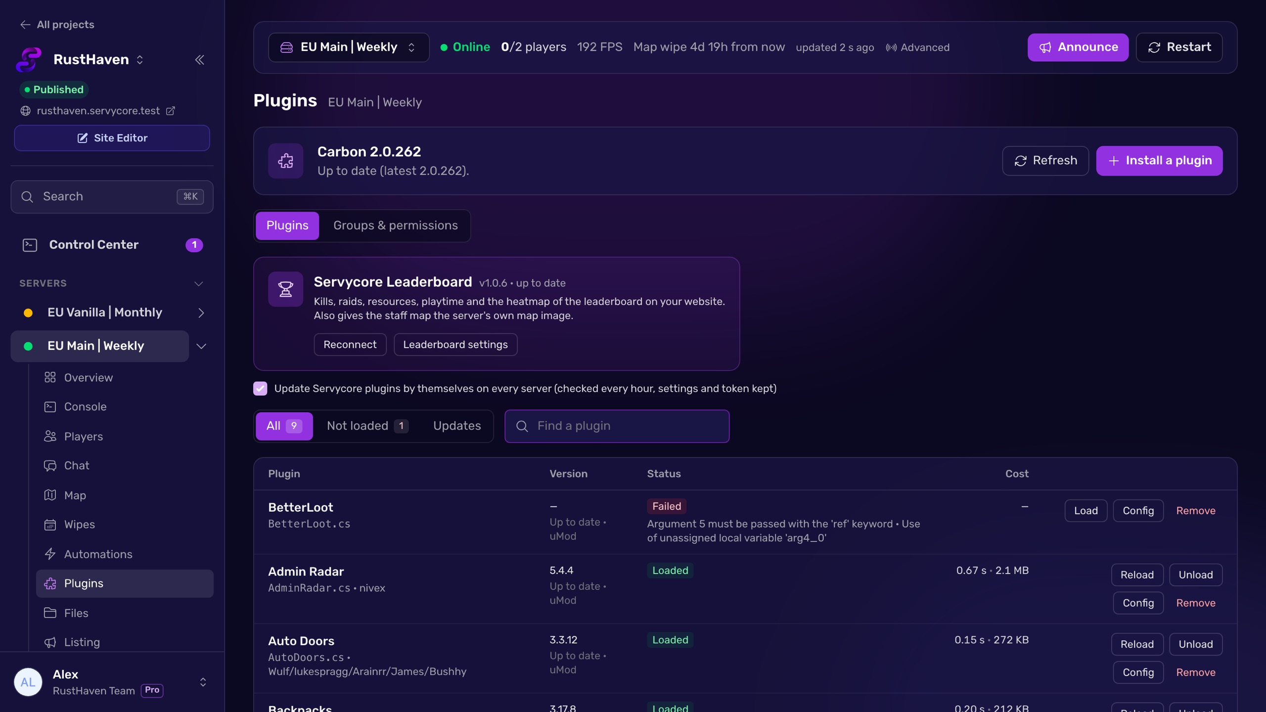The plugins page of a Rust server in Servycore, with versions and update checks