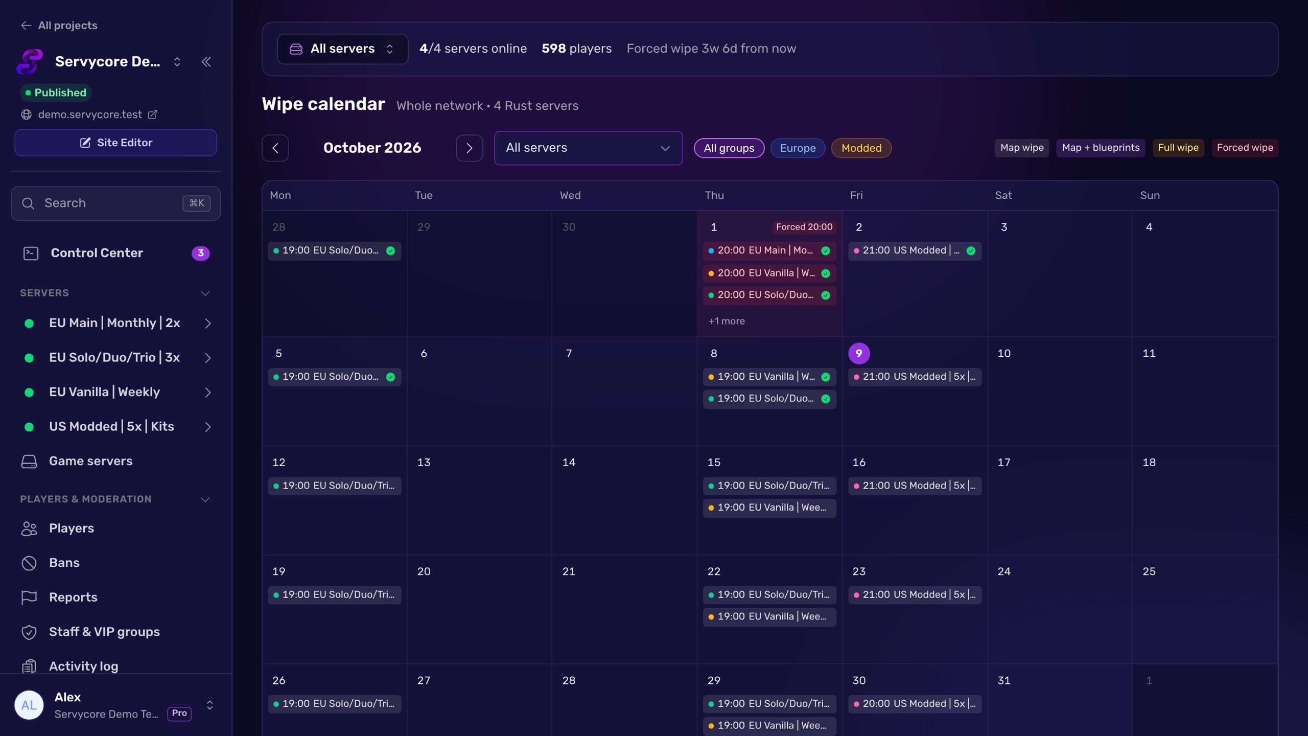 The wipe calendar of the whole network