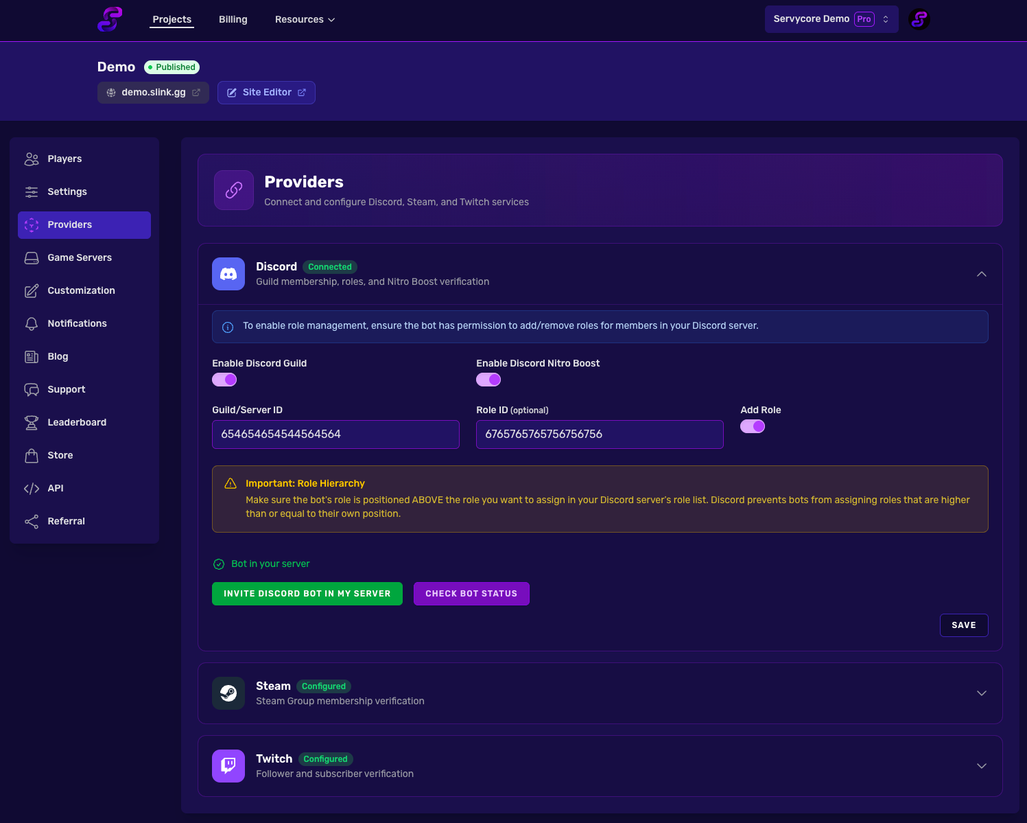 Discord Provider Settings