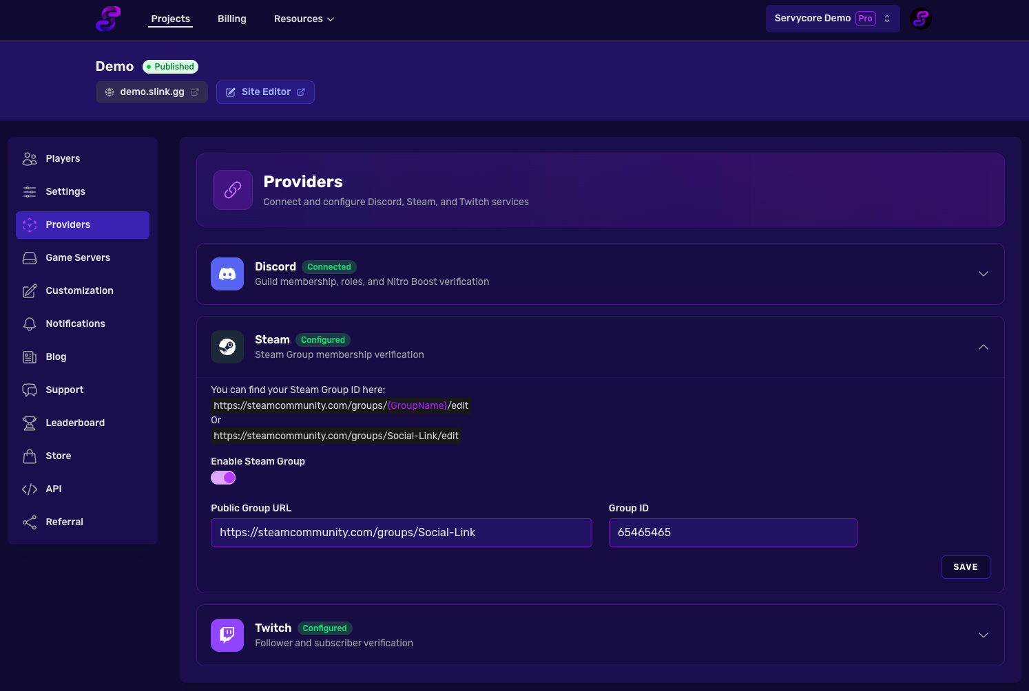 Steam Provider Settings