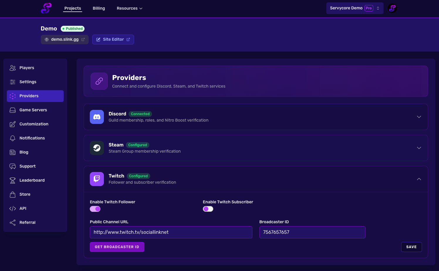Twitch Provider Settings