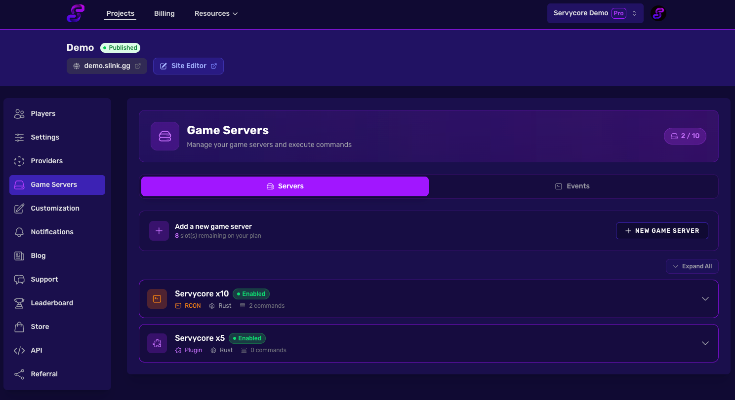 Game Servers Tab